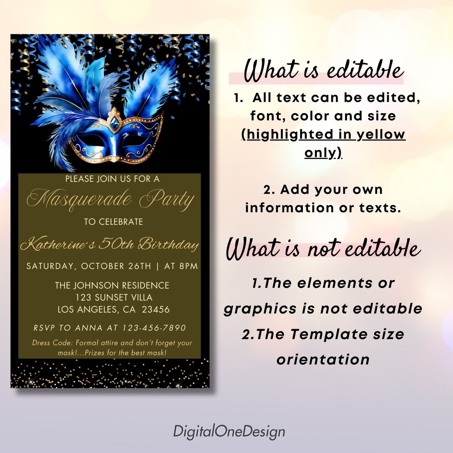 Editable Royal Blue Masquerade Birthday Invitation