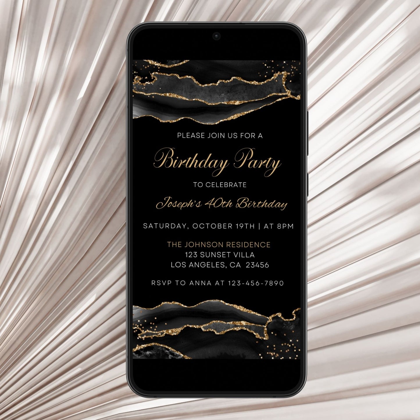 Elegant Black & Gold Agate Digital Birthday Invitation