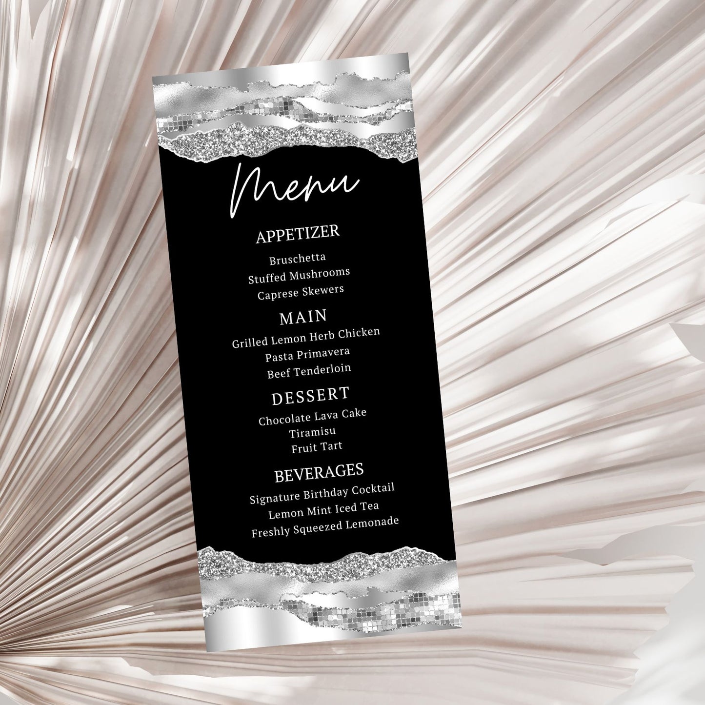 Silver & Black Editable Birthday Menu Card Template