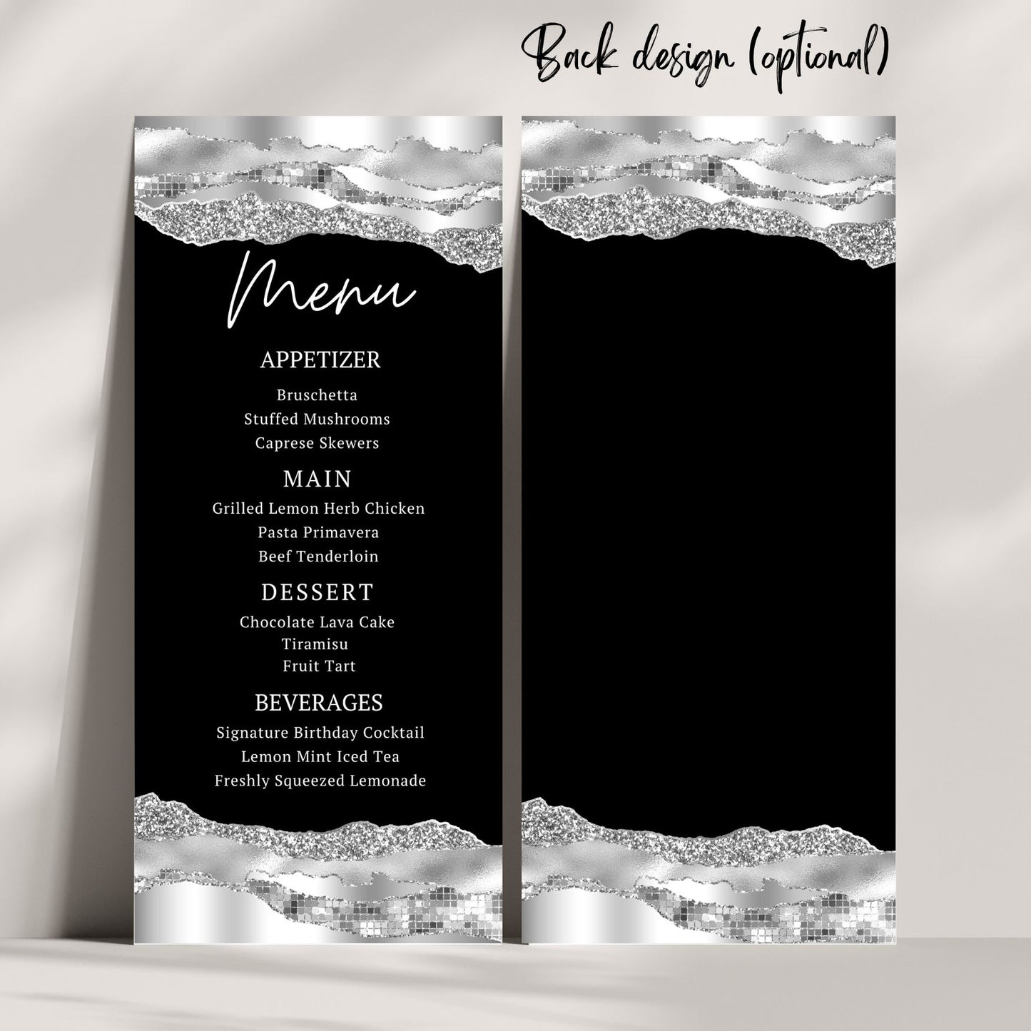 Silver & Black Editable Birthday Menu Card Template