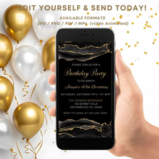 Elegant Black & Gold Agate Digital Birthday Invitation