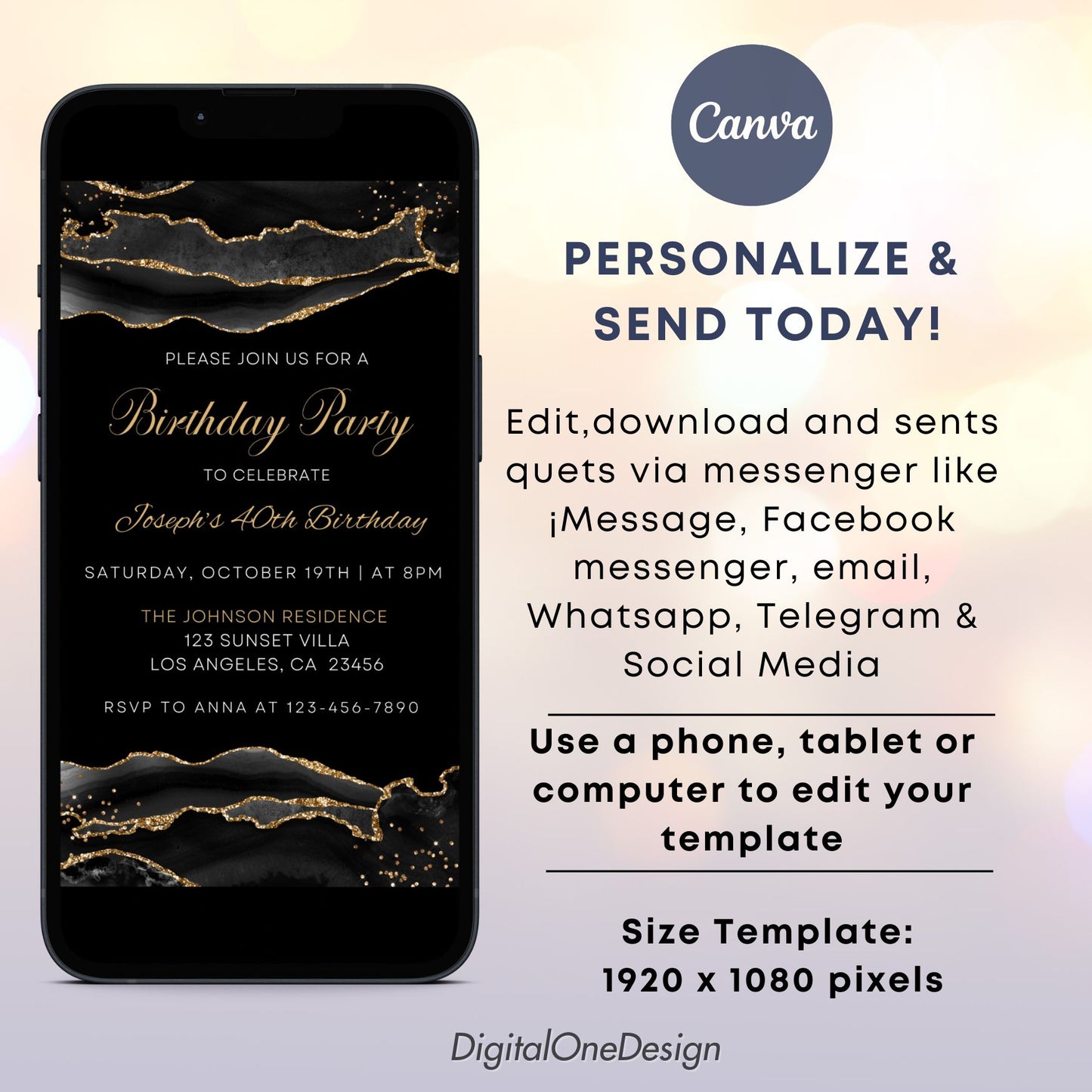 Elegant Black & Gold Agate Digital Birthday Invitation