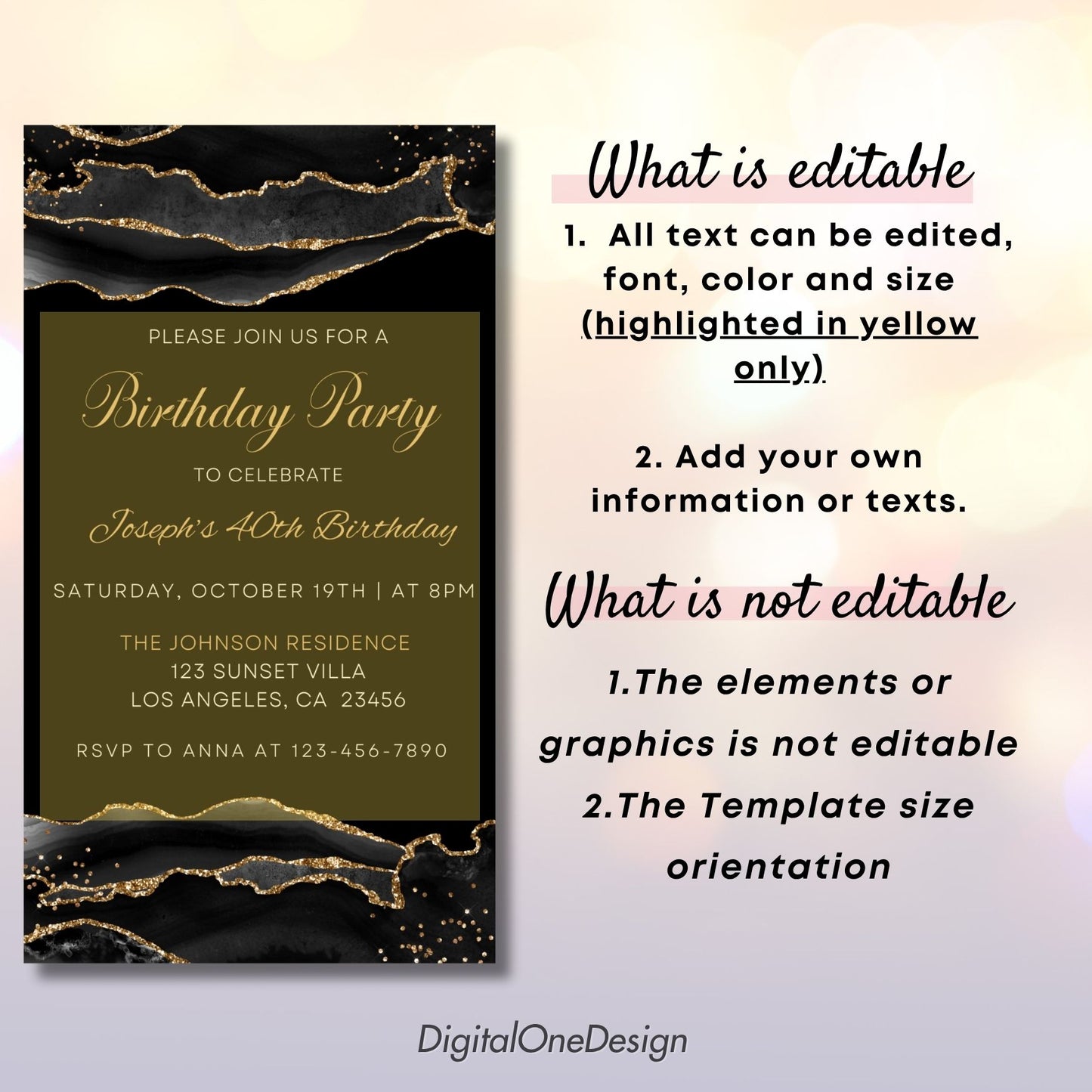 Elegant Black & Gold Agate Digital Birthday Invitation