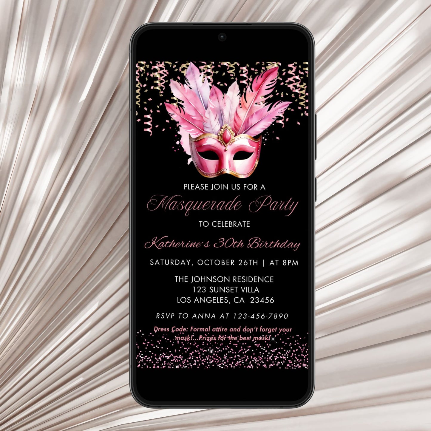 Elegant Pink & Gold Masquerade Birthday Invitation