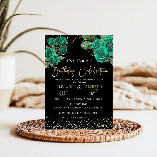 Elegant Emerald & Gold Floral Double Birthday Invitation