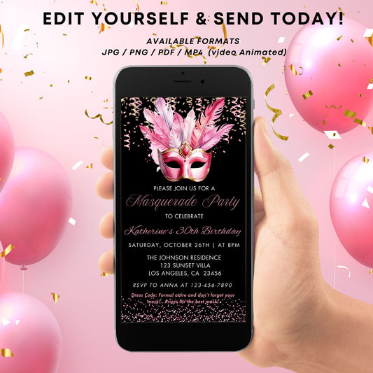 Elegant Pink & Gold Masquerade Birthday Invitation