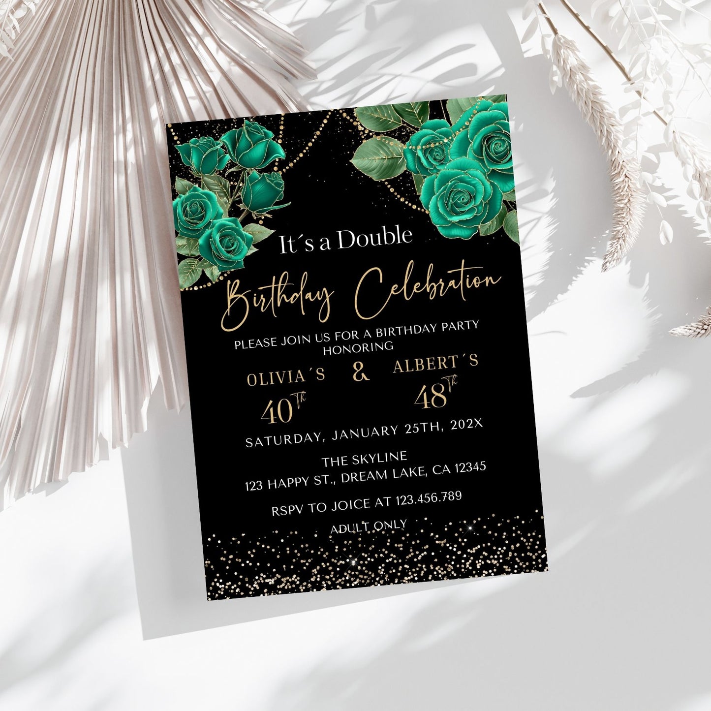 Elegant Emerald & Gold Floral Double Birthday Invitation