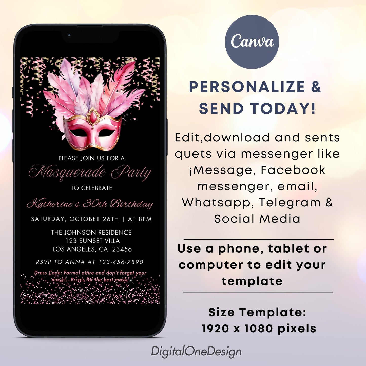 Elegant Pink & Gold Masquerade Birthday Invitation