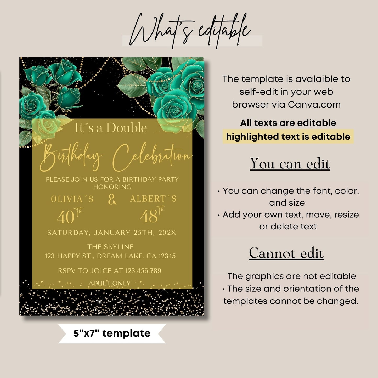 Elegant Emerald & Gold Floral Double Birthday Invitation