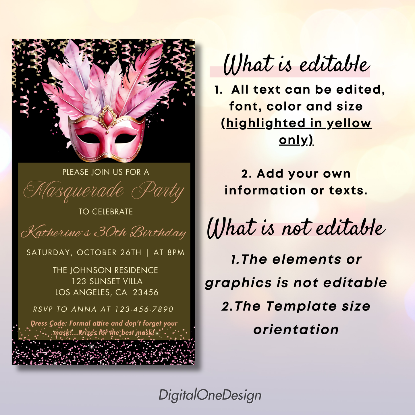 Elegant Pink & Gold Masquerade Birthday Invitation