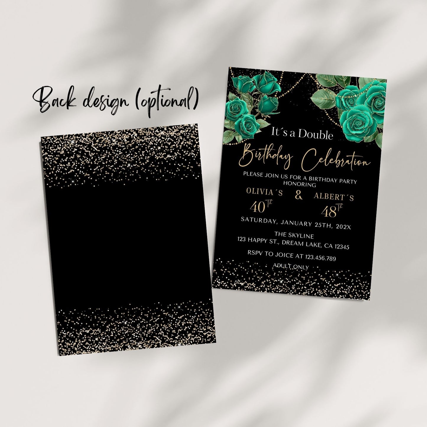 Elegant Emerald & Gold Floral Double Birthday Invitation