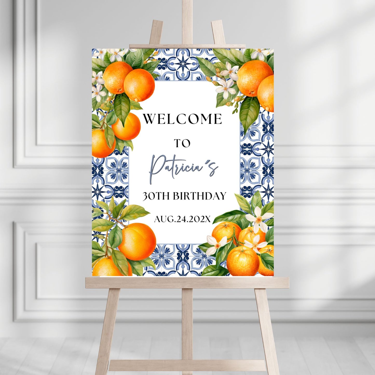 Mediterranean Tile & Orange Welcome Sing, Sicily Inspired Theme, Azulejos and Oranges Birthday Poster