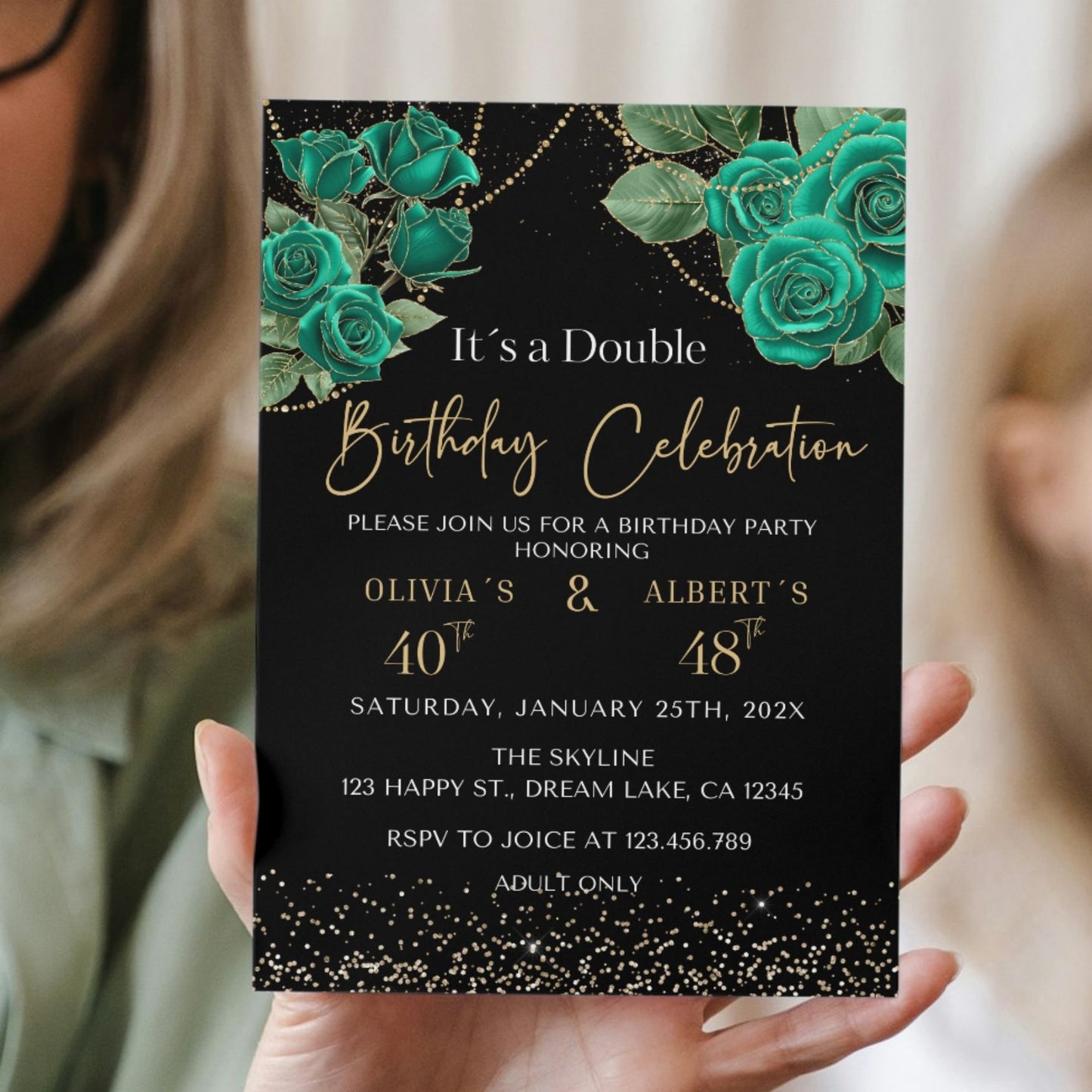 Elegant Emerald & Gold Floral Double Birthday Invitation