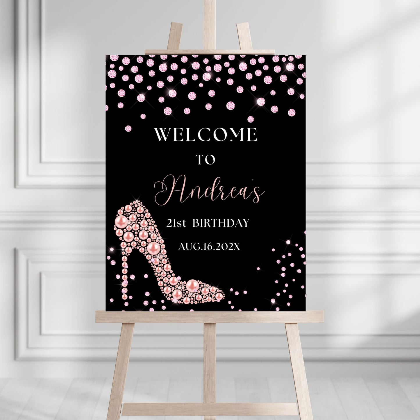 Chic Pink Diamond & High Heel Pearls Welcome sign