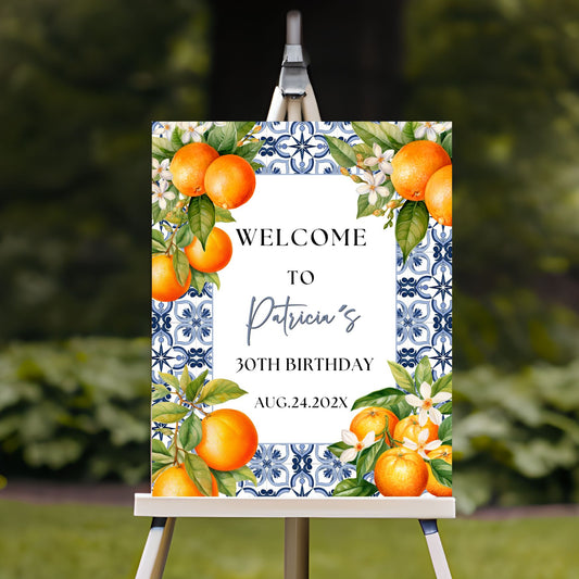 Sicily inspired Mediterranean tile welcome sign with oranges for birthday celebration.