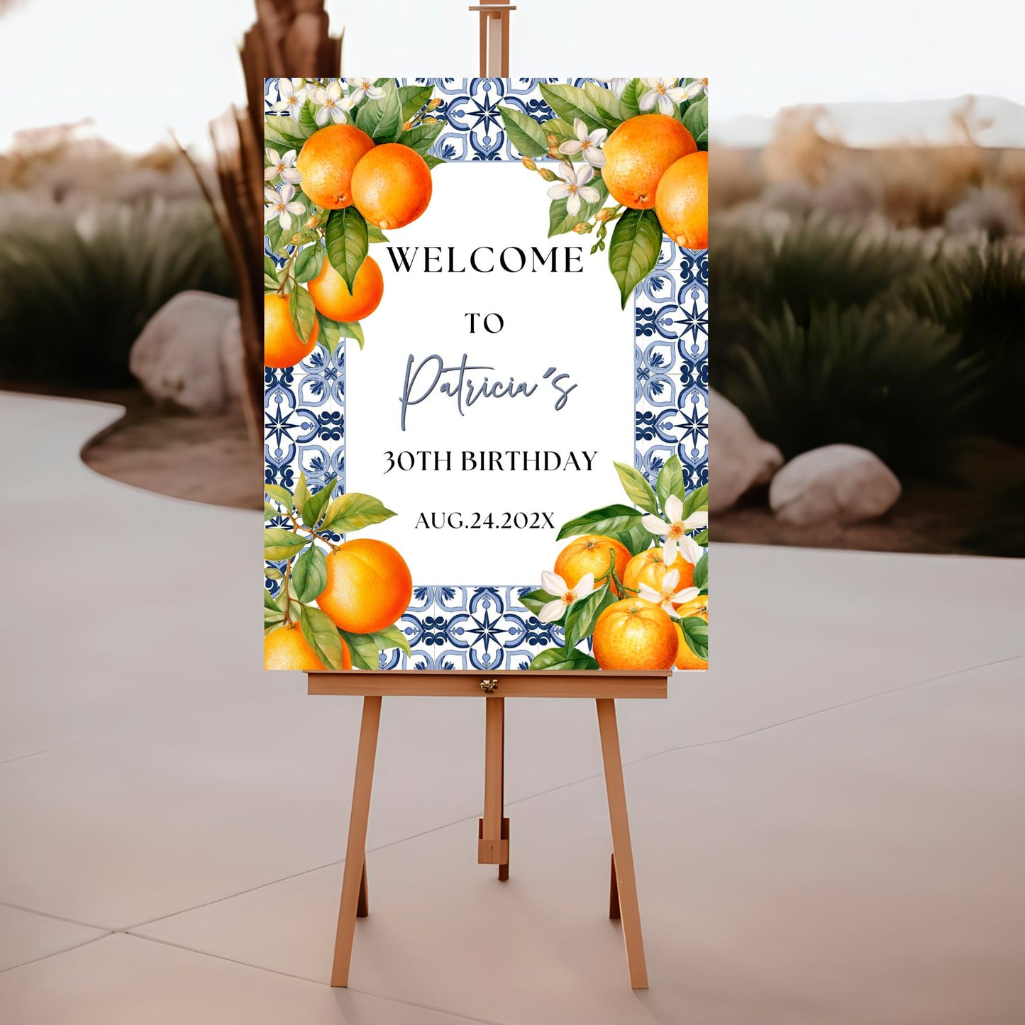 Mediterranean Tile & Orange Welcome Sing, Sicily Inspired Theme, Azulejos and Oranges Birthday Poster