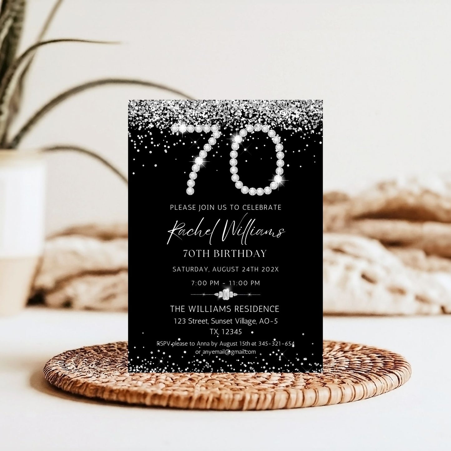 Elegant Silver Diamonds 70th Birthday Invitation