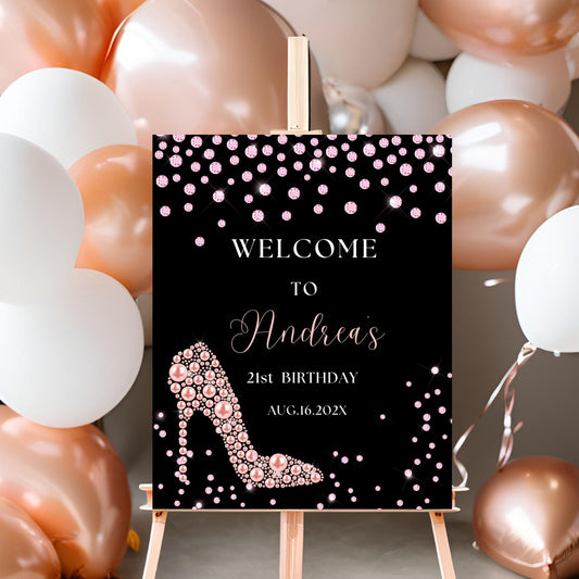 Chic Pink Diamond & High Heel Pearls Welcome sign