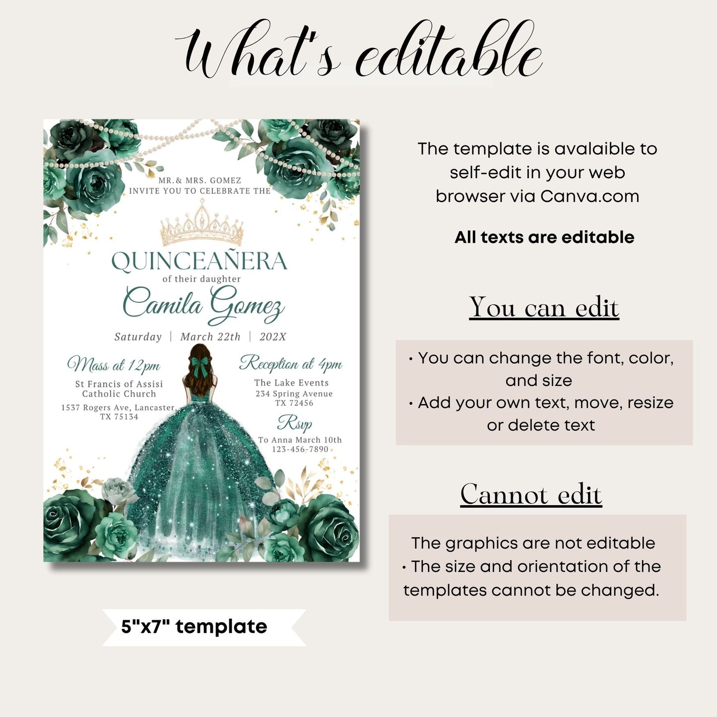Quinceanera invitation template with Green emerald flowers and Pearls editable text on a white background