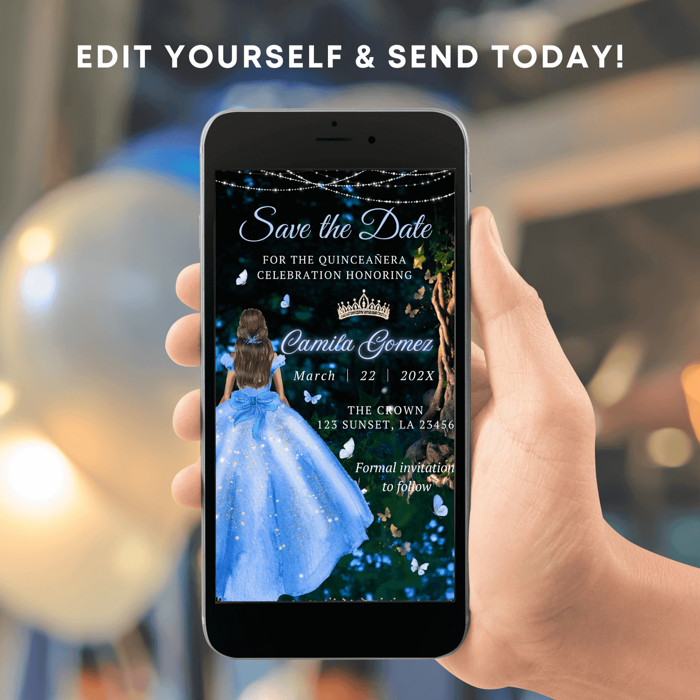 Blue Princess Dress Birthday Save the date Template
