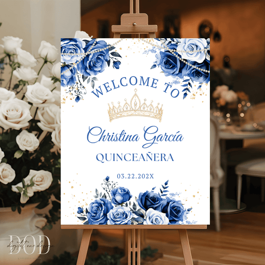 Chic Royal Blue Floral and Pearls Quinceanera Welcome Sign