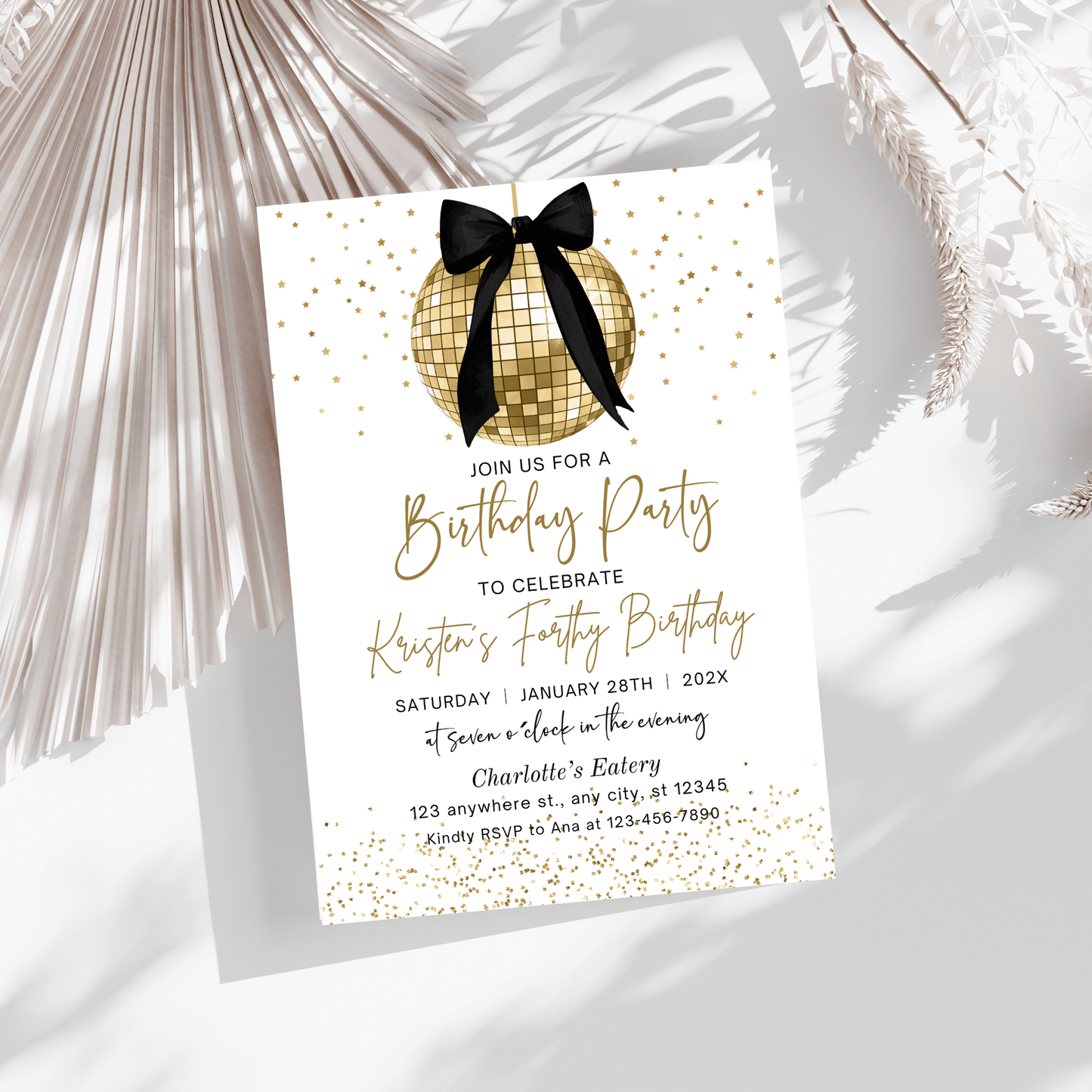 Elegant Black Bow and Gold Disco Ball Birthday Invitation Template