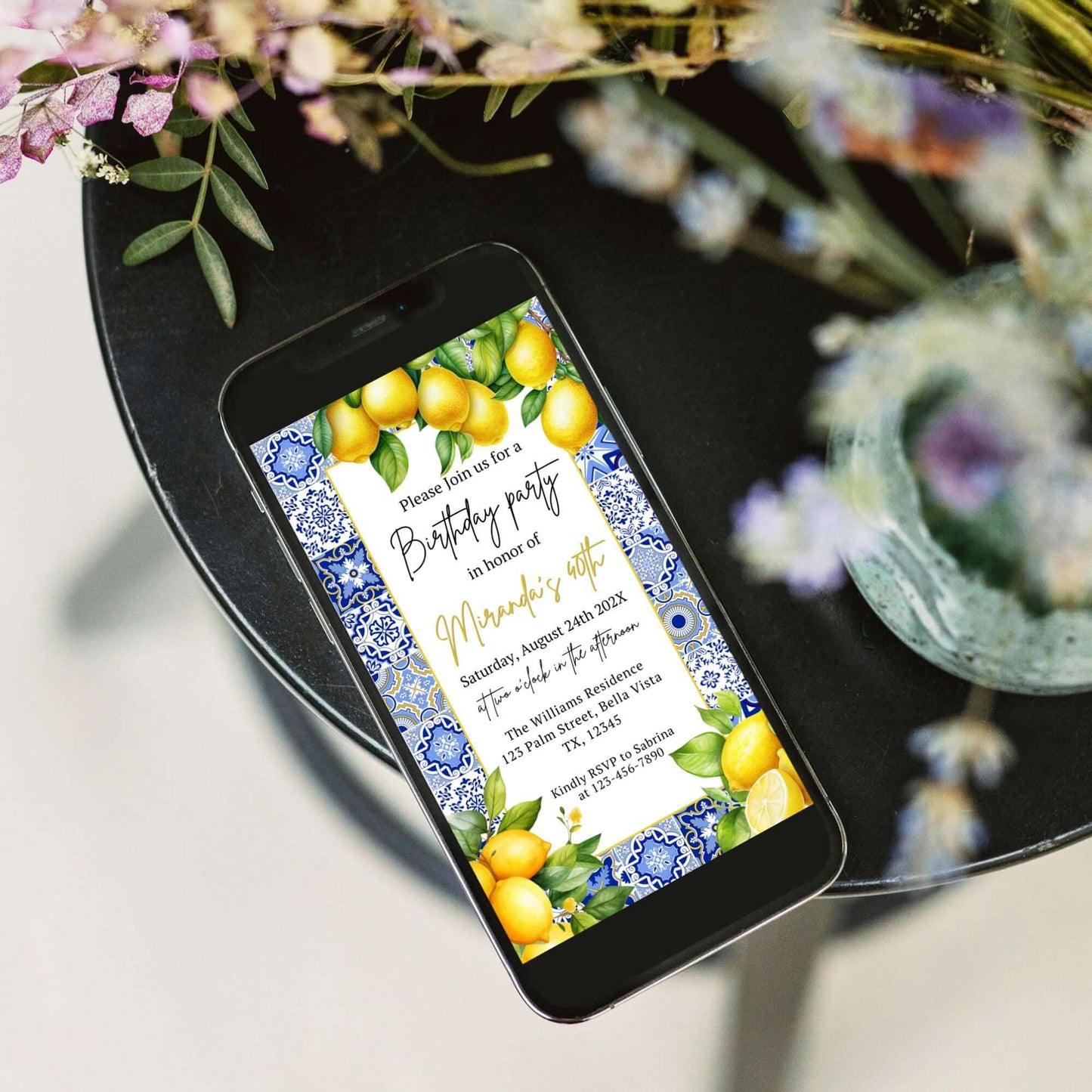 Mediterranean Italy Blue tile and lemons design for birthday invitation