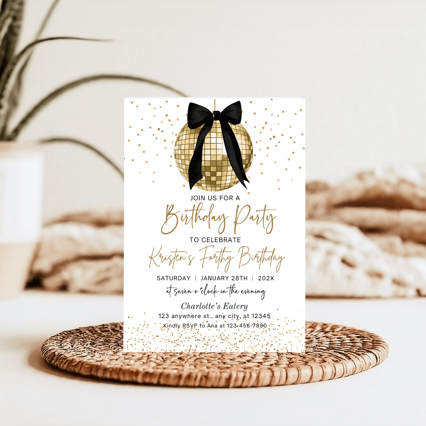 Editable Coquette Gold Disco Birthday Party Invite