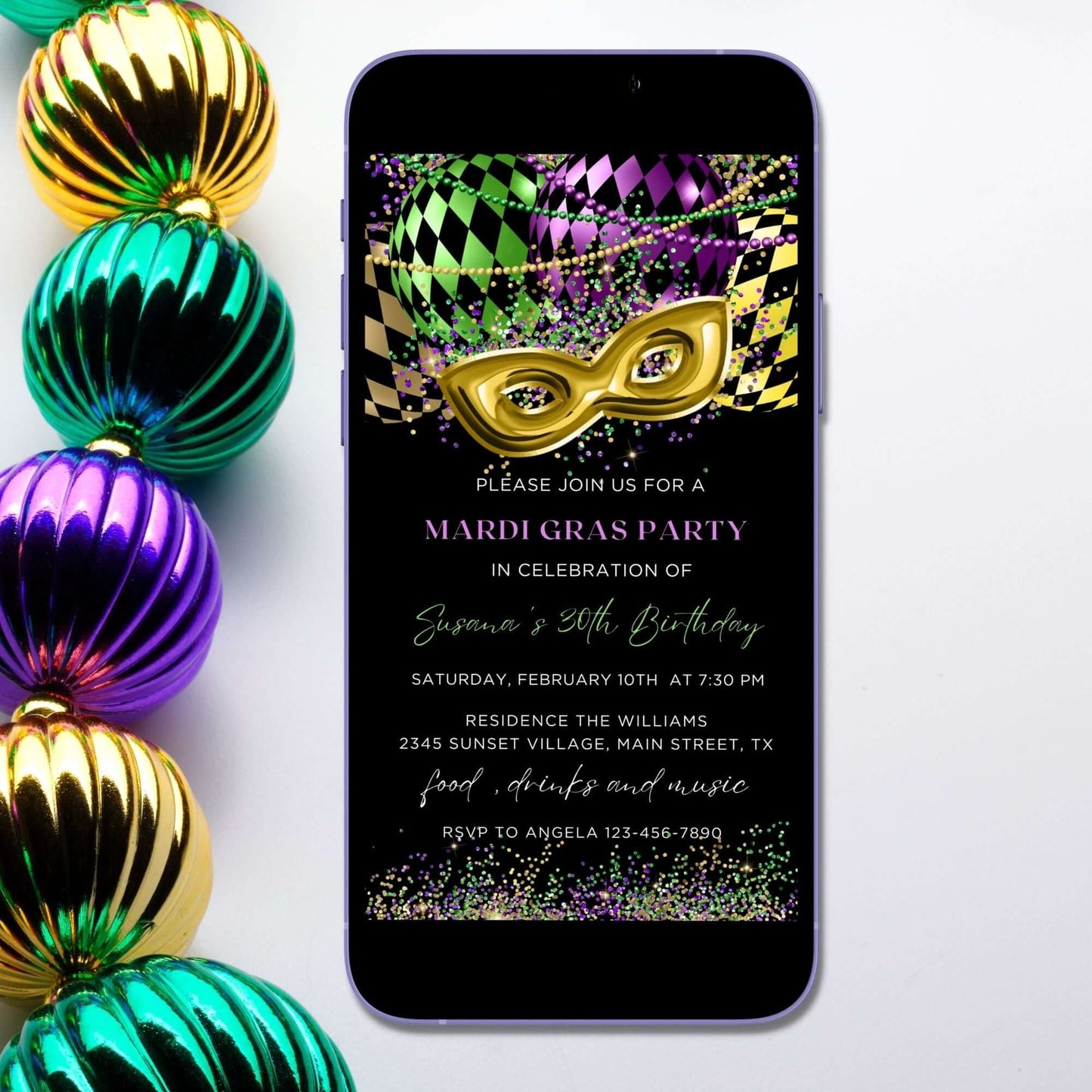 Mardi Gras Birthday Party Invitation template