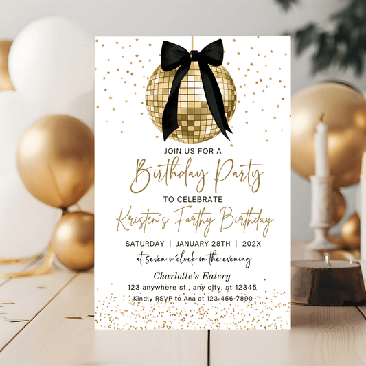 Editable Black Bow and Gold Disco Ball Birthday Invitation