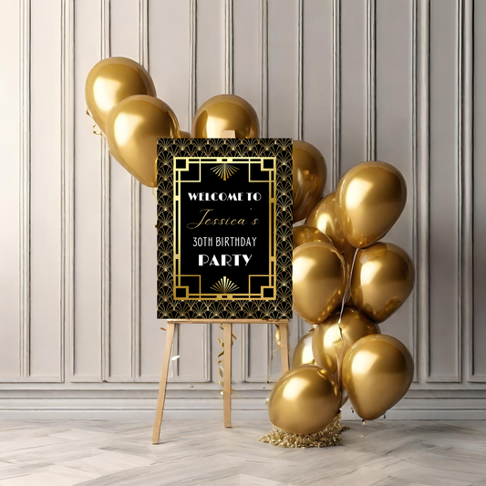 Decorative 20s Roaring birthday sign with gold balloons against a neutral wall.