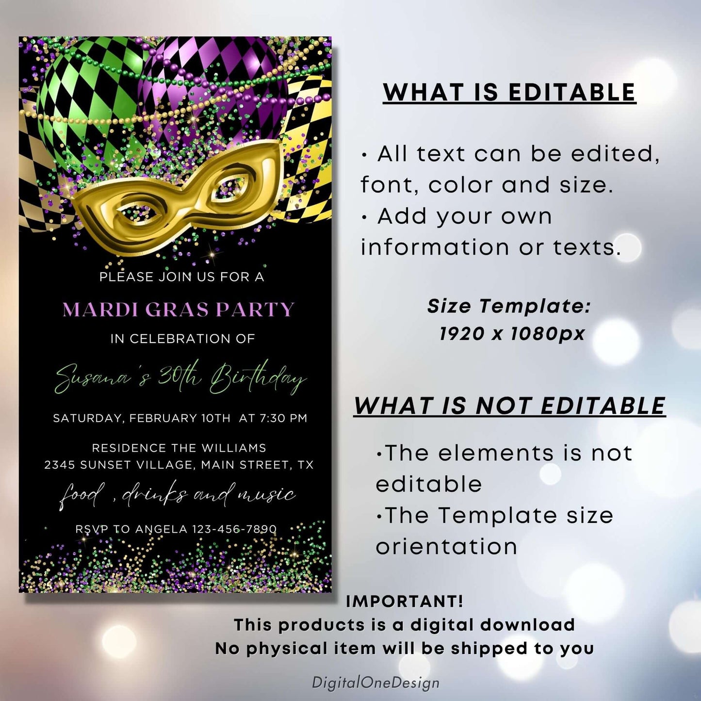 Mardi Gras Party for birthday invitation template