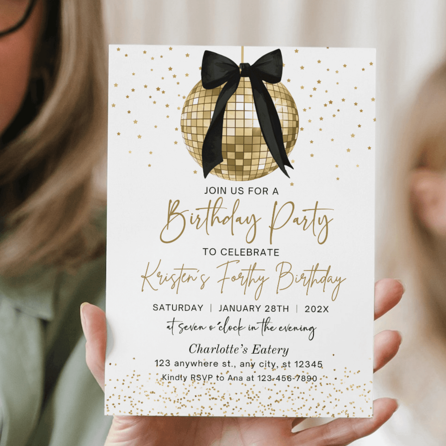 Chic Black Bow Disco Ball Birthday Invitation