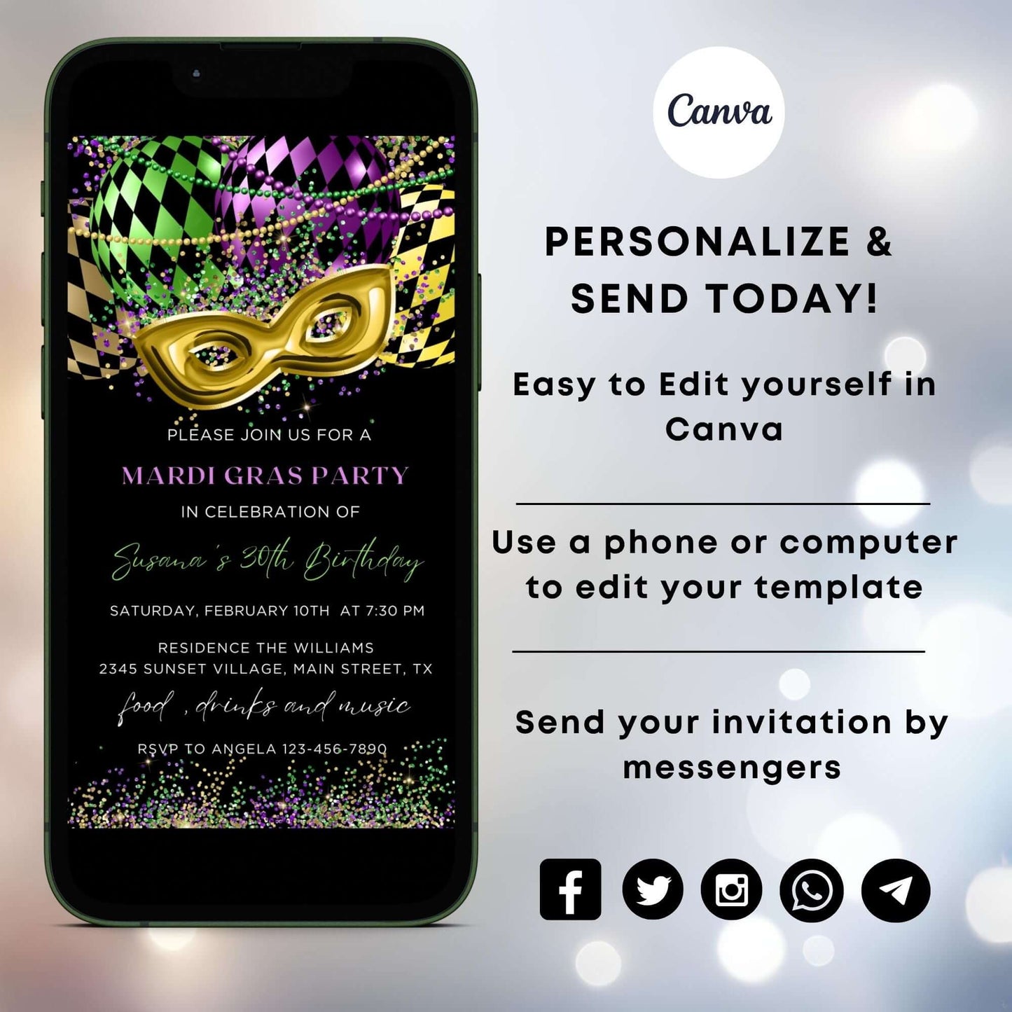 Personalize Mardi Gras Party Invite Template, edit yourself