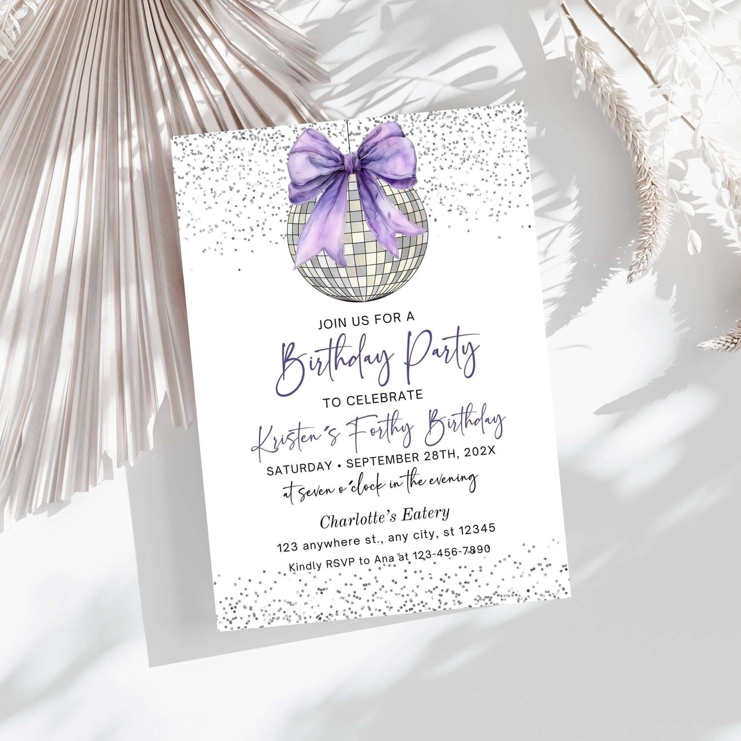Editable Purple Bow Disco Ball Birthday invitation template