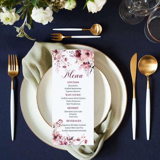 Charming Winter Floral Menu Card in Burgundy & Blush Pink