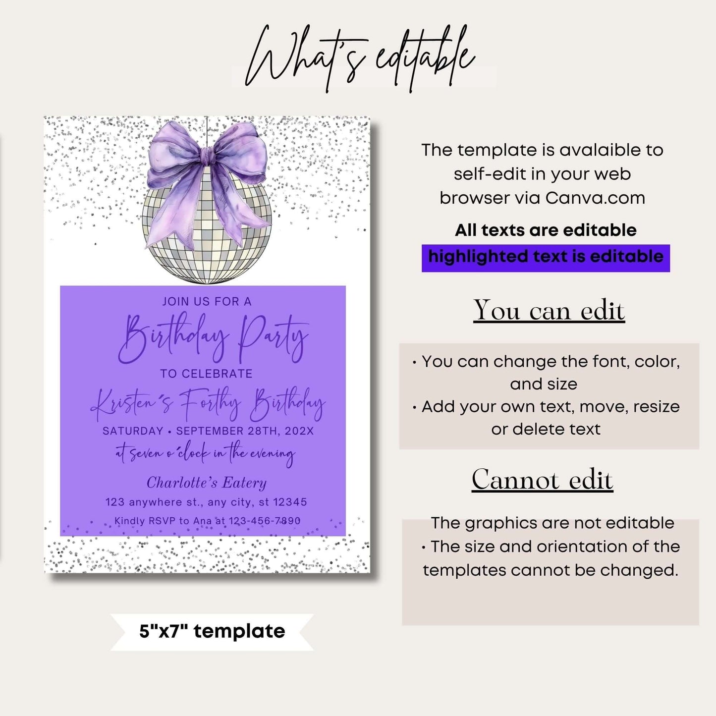 Editable Modern Silver and Purple Birthday Invitation template