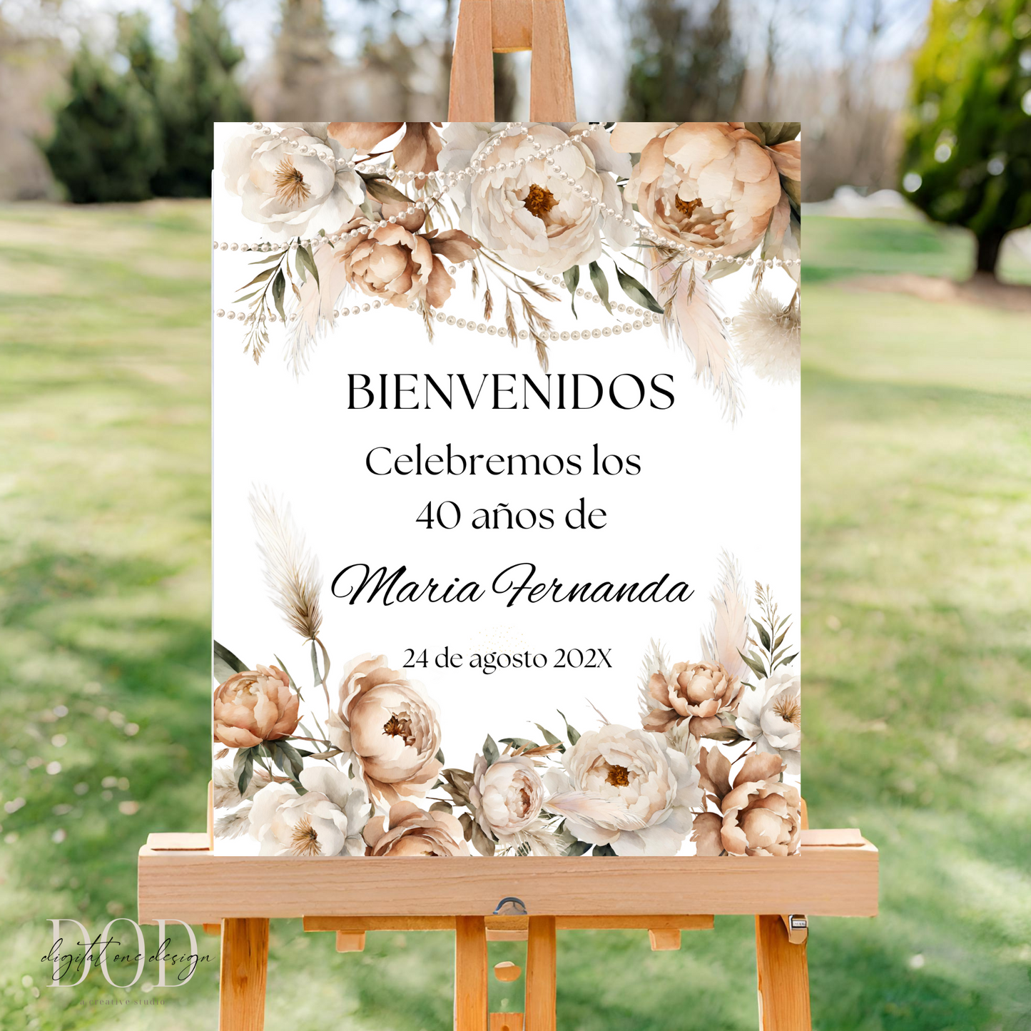 Spanish Watercolor Floral Boho Birthday Party Welcome Sign showcasing a beautiful design for a 40th birthday celebration.