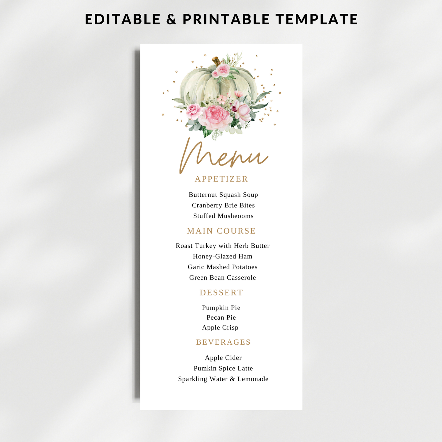White Pumpkin Menu template with floral design on a white background