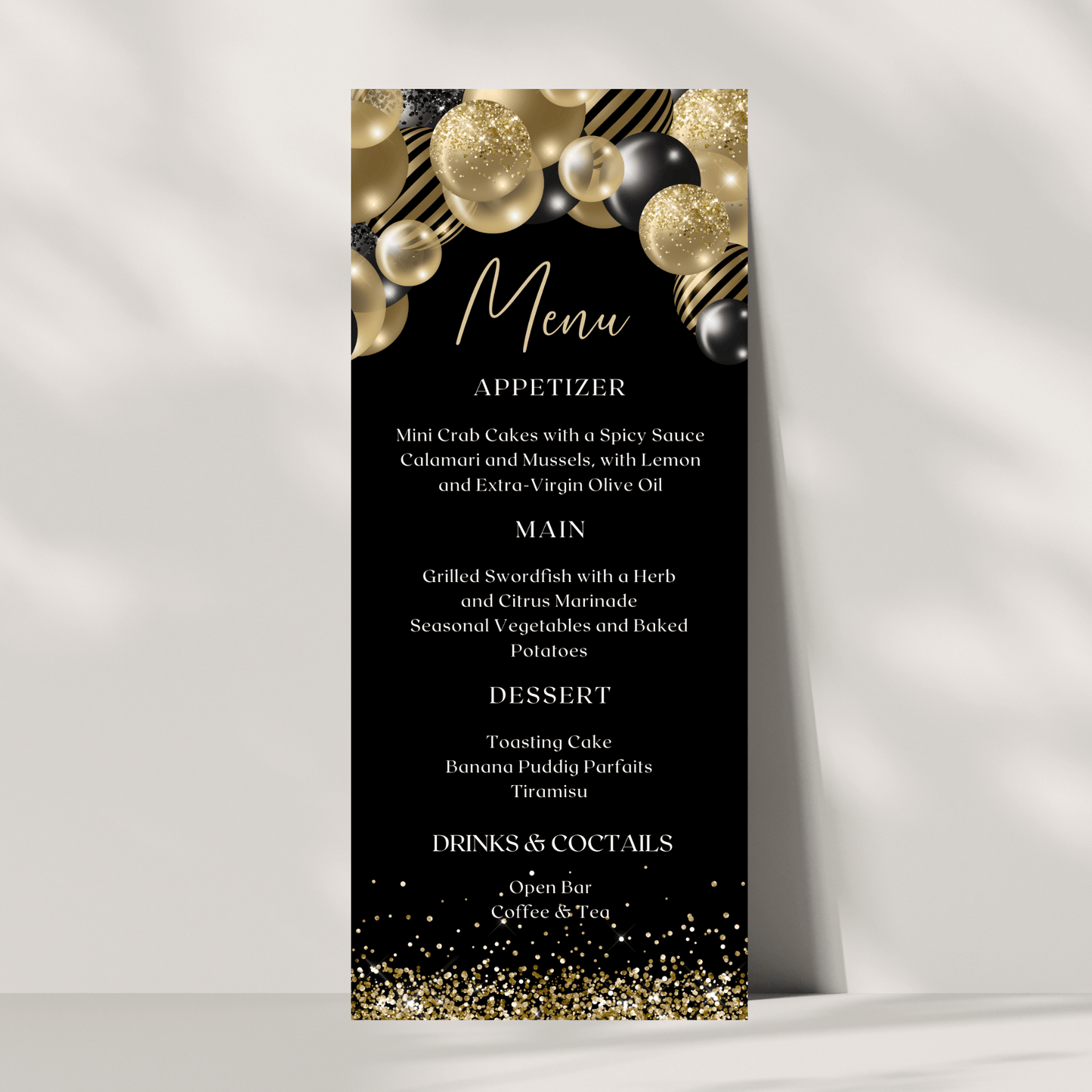 Editable Dinner Party Menu Template, Black & Gold Balloons Theme, Printable Menu Card for Graduation, Birthday, or Celebration