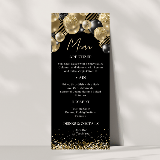 Black and Gold Balloons Dinner Menu Card Template featuring appetizer, main, dessert, and drinks sections.