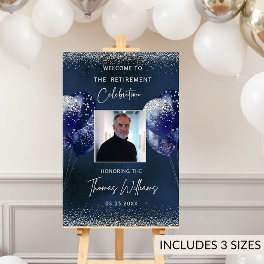 Editable Navy Silver Retirement Party Welcome Sign Template