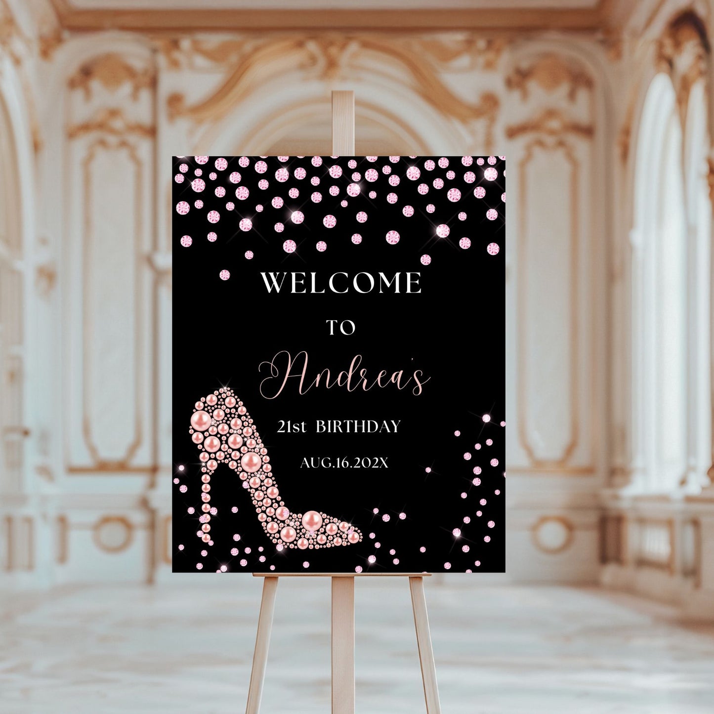 Chic Pink Diamond & High Heel Pearls Welcome sign