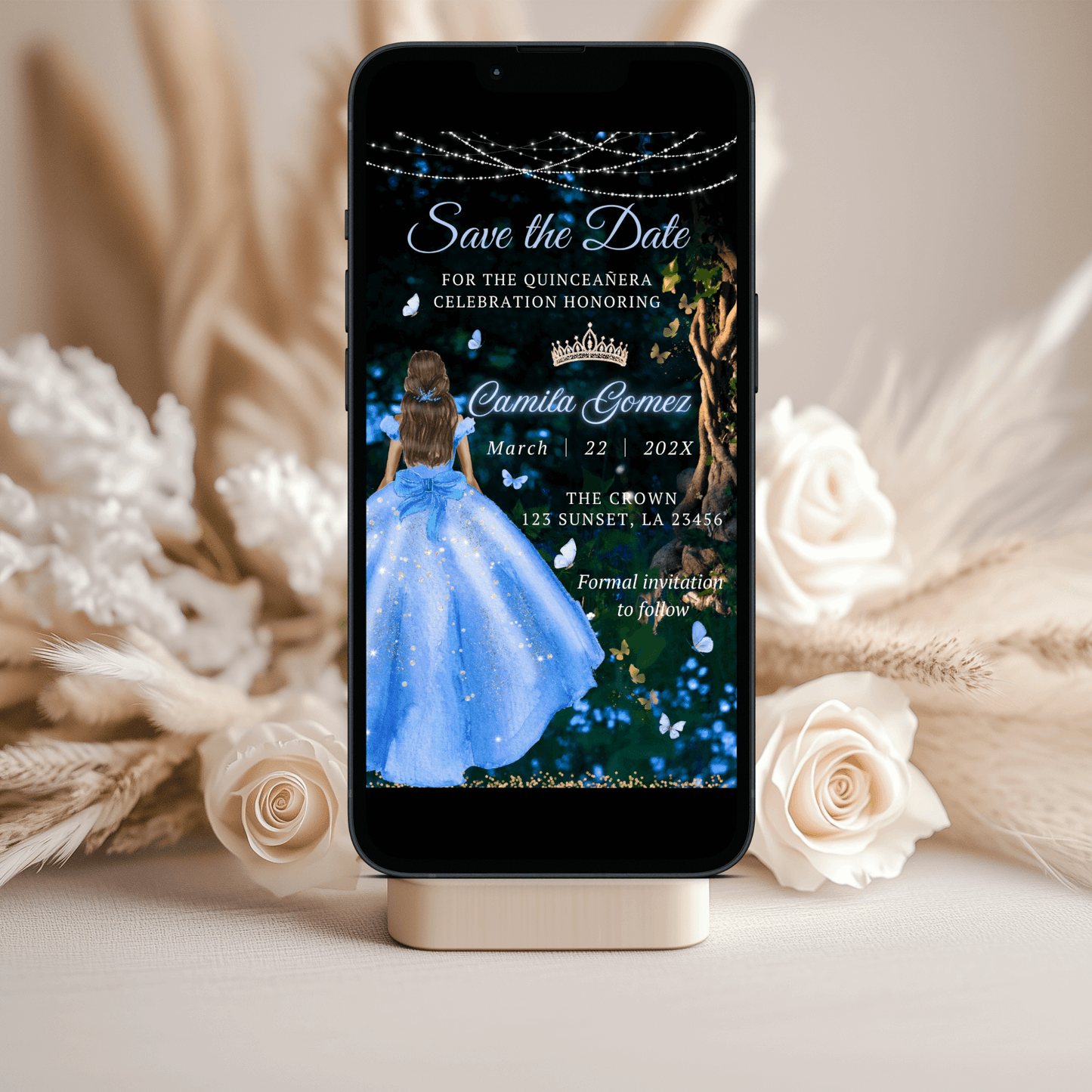 Blue Enchanted Forest Quinceañera Save the date Invite