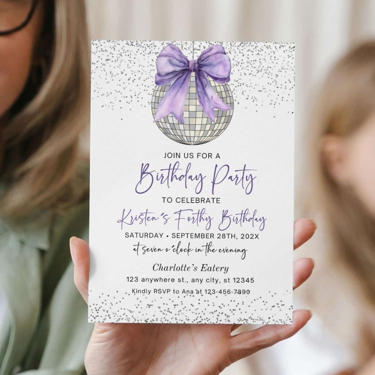 Elegant Purple Coquette Bow and Disco Ball Invitation