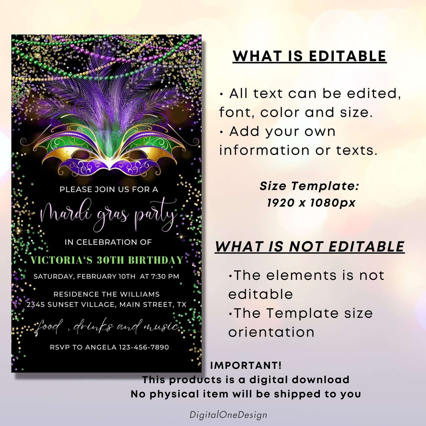 Editable Mardi gras Birthday party invite template for Canva