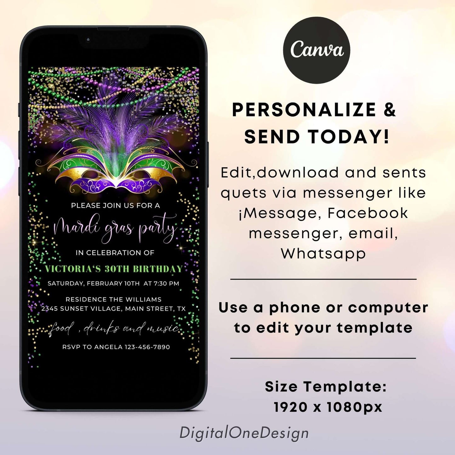 Electronic mardi gras party evite template