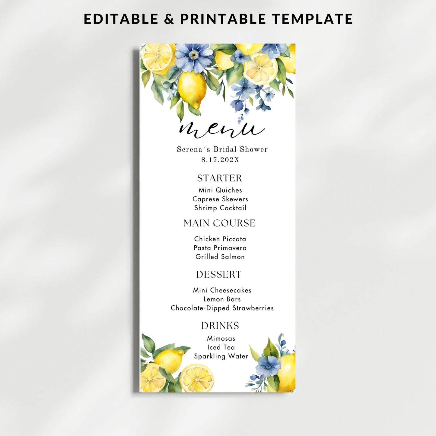 Menu template with lemon and Blue flower design on a white background