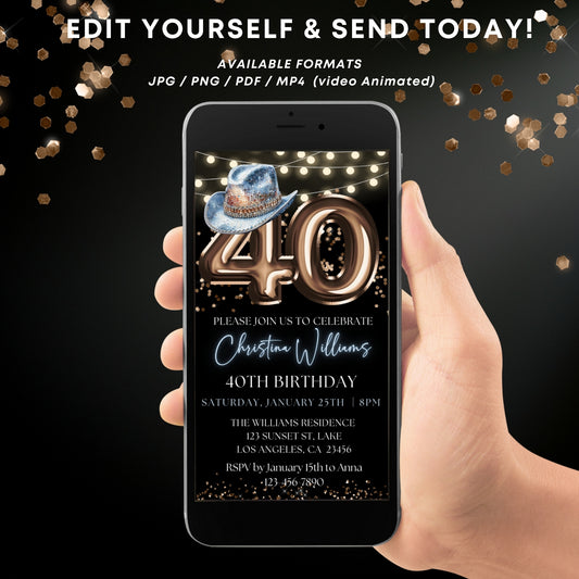 Western Cowboy Hat 40th Birthday Party Invitation