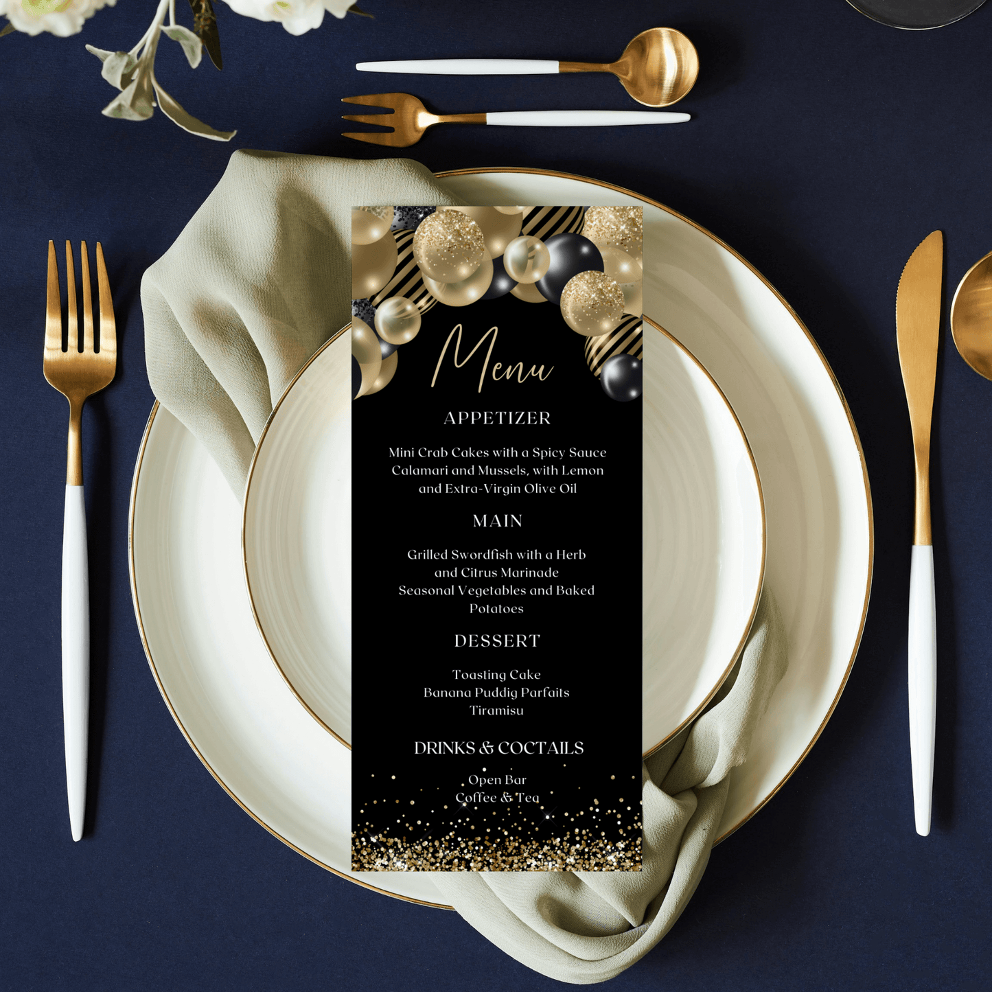 Editable Dinner Party Menu Template, Black & Gold Balloons Theme, Printable Menu Card for Graduation, Birthday, or Celebration